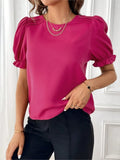 Yipinpay Women's Blouses Top 2024 Summer New Fashion Red O Neck Lantern Short Sleeve Streetwear Casual Black Shirts For Women Clothing