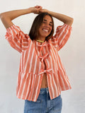 Yipinpay Summer Elegant Stripe Lace Up Shirts For Women Casual Cotton O-neck Blouse Female Casual Street Long Sleeve Lady Chic Tops