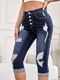 Yipinpay New Women Summer Ripped Mid Waist Jeans Fashion Elastic Slim Calf-Length Denim Pencil Pants Casual Female Clothing S-2XL