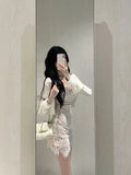 Yipinpay Lace Dress Suit Woman Short Party Sleeveless Mini Dress Korea Fashion Casua White Short Cardigan Office Lady 2024 Autumn