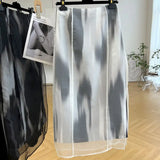 Yipinpay Jupe 2023 Long Skirts for Women Faldas Largas High Waisted Black White Organza Skirts Y2k A Line Ink Printed Summer