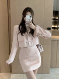 Yipinpay Notched Tweed Jacket Pink Blazer Mini Plaid Skirt Two Piece Sets Womens Outifits 2023 Autumn Winter Clothes Suits