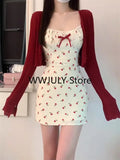 Yipinpay 2 Piece Dress Set Woman Red Long Sleeve Cardigan + Strap Floral Y2k Mini Dress Party Korean Fashion Suit 2024 Autumn Chic