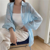 Yipinpay for Women Blouse Long Sleeve Top Female Chiffon Loose Cardigan Thin Sexy Solid Color Casual Shirt