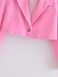 Yipinpay 2024 Women Single Button Pink Crop Blazer Vintage Long Sleeve Lapel Collar Elegant Ladies Office Suit Coat