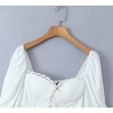 Yipinpay Y2K Women High Quality Lace Trim White Blouse Front Lacing Up Puff Sleeve Sexy Elegant Sweet Crop Top