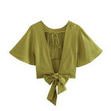 Yipinpay 2023 Woman Bow Backless Crop Top Women Green Short Sleeve Blouses Summer 2023 Tied Streetwear Cropped Chic Women Blouse
