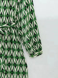 Yipinpay Green Shirt Dress Woman Geometric Print Long Dresses For Women 2023 Belt Long Sleeve Midi Dresses Woman Elegant Dress