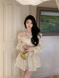Yipinpay Two Piece Set Women Slash Neck Drawstring Flower Blouse Halter Shirts High Waist Puffy Layered Mini Skirts Solid Crop Top