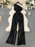 Yipinpay American Retro Sequin Jumpsuit Diagonal Collar Solid Long Wide Legs Pants Romper Elegant Backless Sexy Party Jumpsuits