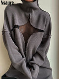 yipinpay Y2K Pullover Knitted Oversized Jumper Tops Hollow Out Patchwork Long Sleeve Turtleneck Winter 2023 Sweater Casual Tops 0407