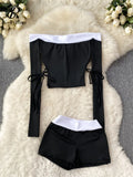 Yipinpay Fashion Sexy Two Pieces Suits Bandage One Shoulder Long Sleeve Short Tops+High Waist Shorts Women Hotsweet Casual Suit