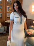 Yipinpay Denim Patchwork Knitted Maxi Dress Women¡®s Short Sleeve Slim Bodycon Long Dress Elegant Lady Holiday Street Party Robe