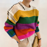 Yipinpay Vintage Contrast Oversized Sueter Fairy Grunge Pullover O Neck Rainbow Sweaters Winter Striped Knitting Sweater Women