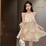 Yipinpay Woman Dress Elegant Sweet Sleeveless Ruffles Mesh Loose Summer New Cake Mini Dresses Solid Sexy Female Casual Fairy