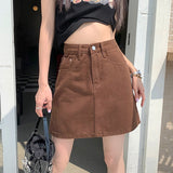 yipinpay Women's Vintage Brown Denim Half Body Skirt High Waist Casual American Fashion Baggy A-Line Jean Short Midi Skirt Ladies Summer