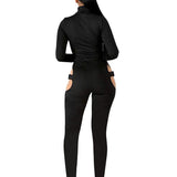 Yipinpay Women Sexy Hollow Out Jumpsuit Romper Spring Fall Sexy Solid Color Turtleneck Long Sleeve Overalls with Release Buckle Design