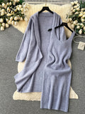 Yipinpay Autumn Thick Warm Knitted Suits 2024 Strap Knit Dress+Loose Long Cardigans Sweater Home Wear Casual Two Pieces Sets