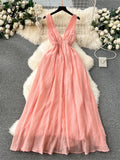 Yipinpay French Gentle Holiday Long Dress Summer Deep V-Neck Bandage A-Line Design Female Solid Sleeveless Party Sexy Sundress