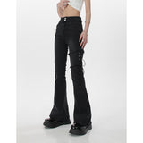 yipinpay Women's Dark Grey Vintage Flare Jeans High Waist Stretchy Self Cultivation Pants Fashion Straight Denim Trouser Ladies Summer