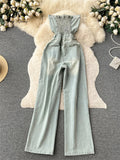 Yipinpay American Retro Streetwear Denim Jumpsuits Zipper Pocket High Waist Wide Legs Ripped Pants Summer Women Slim Rompers