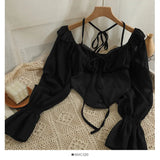 Yipinpay Sleeve Ruffled Chiffon Shirt Off The Shoulder One Slim Fit Crop Top Sexy Trumpet Sleeve Shirt Fungus Lace Up Blouse Retro