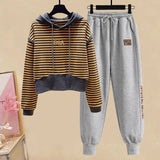 Yipinpay Women's Tracksuit 2024 Fall/Winter New Striped Embroidered Sweater + Cotton Pants Two-piece Korean Casual Hoodies Trousers Suit