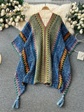 Yipinpay Bohemian Loose Cardigan Bat Cloak Tassel Design Print Fashion Knitted 2024 Autumn Retro Tour Irregular Oversize Coat