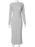 Yipinpay Backless Zebra Printed Maxi Dress Women Striped Long Sleeve High Waist Contrast Slim Party Dress Elegant Patchwork Dress