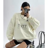 yipinpay Women Beige Sweatshirt Letter Printing Round Neck Fashion Hip Hop Oversize Leisure Thickening Warm Winter Long Sleeves Pullover