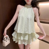 Yipinpay Two Piece Set Women Sleeveless Blouse Embroidery Lace Tank Tops Sexy Sweet Camis Ruffles Mini Skirts Female Elegant Suits
