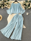 Yipinpay Senior Pleated Suits Long Flare Sleeves Ruched Top+High Waist Wide Legs Pants Female 2024 Autumn Solid Streetwear Sets