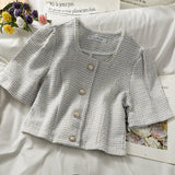 Yipinpay Round Short Sleeve Tweed Top Women Single-breasted Cardigan Jacket Pink Plaid Shirts Crop Button Blusas Mujer Camisas