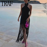 Yipinpay Black Backless Dress Woman Fringed Halter Sexy Party Dress Women Summer Off Shoulder Midi Dresses Evening Dresses For Prom
