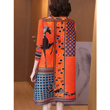 Yipinpay retro plexue dress female 2024 spring national wind printed high-end foreign air large A word skirt long sleeve dress