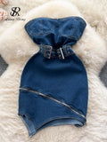Yipinpay Strapless Sexy Denim Mini Dress Women Sleeveless Zipper Design Slim Sundress Streetwear Vintage Backless Bodycon Dress