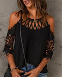 Yipinpay women summer Contrast Lace Hollow Out Cold Shoulder Top
