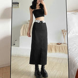 Yipinpay Vintage Y2k Long Black Skirt Women Fashion Streetwear 90s High Waist Printed Patchwork Back Split Straight Midi Skirt