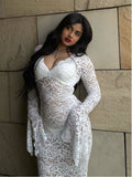Yipinpay MO 2023 Elegant Lace See Through V-neck Maxi Sexy Dress For Women Summer Chic Longsleeves Hollow Out Slim Floor Dress