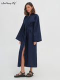 Yipinpay Cotton Linen Long Green Summer Dresses Woman Belt Notched Office Women Dress A-Line Elegant Split Dress Robe Femme