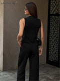 Yipinpay Office 2 Pieces Button Cotton Pants Suits Blazers Vest Wide Leg Trousers Women Linen Outfits Summer Pants Two Pieces