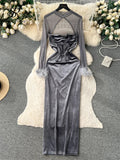 Yipinpay Sexy Velvet Patchwork Dress Hollow Out Mesh Long Sleeves Fur Design Slim Autumn France Chic Ladies Evening Party Dress