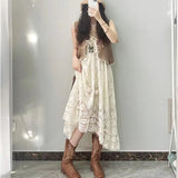 Yipinpay Dress Female 2024 New Lazy Retro Hollow Tassel Irregular V-neck Waist Slimming Suspender Seaside Vacation Beach Dress