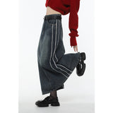 yipinpay Vintage Blue Women Denim Skirt Streetwear American Style Casual High Waist Ladies Slit Jean Medium and Long A-line Skirt