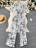 Yipinpay Beach Summer Floral Jumpsuits Fashion V Neck Elastic Slim Short Sleeve 2024 Streetwear Vacation Retro Long Rompers