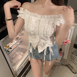 Yipinpay Vintage Kawaii Blouses Women Puff Sleeve Shirring White Shirt for Girl Summer Korean Fashion Preppy Style Sexy Crop Top