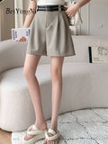 yipinpay Casual Suit Shorts Women With Double Belt Loose Wide Leg Short Pants Female OL Pockets Street High Waist Shorts Ladies