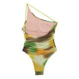 Yipinpay Print Tulle Sexy Body Woman Backless Mesh Bodysuit Women Ruched Asymmetric Tight Fitting Woman Summer Beach Swimwear