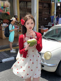 Yipinpay Sweet Fashion 2 Piece Dress Set Woman Red Knitted Short Cardigan + Print Sleeveless Y2k Mini Dress Korean Style Suit