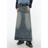 yipinpay Women Blue Denim Half Body Skirt Gradient High Waist Tassels Casual Korean Mid Length Bottoms Baggy Vintage Female Long Skirt